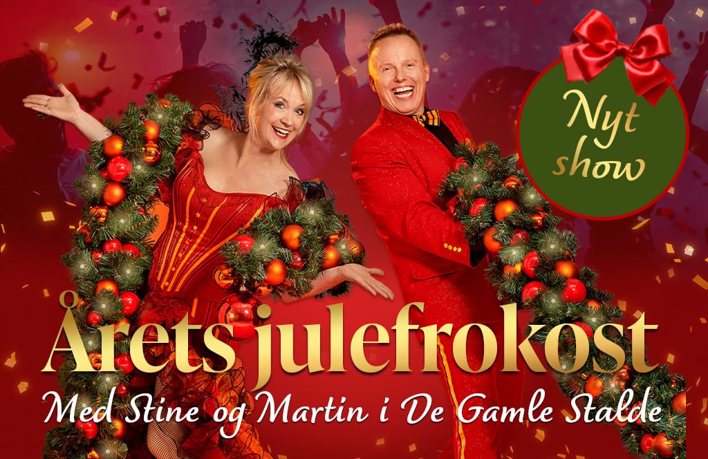 Mandlig og kvindelig entertainer i rødt juletøj med festlige mennesker og konfetti i baggrunden